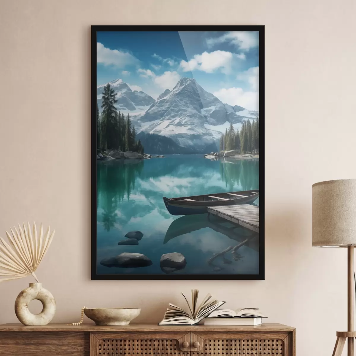 Poster Lac alpin cu canoe și vârfuri înzăpezite f46481