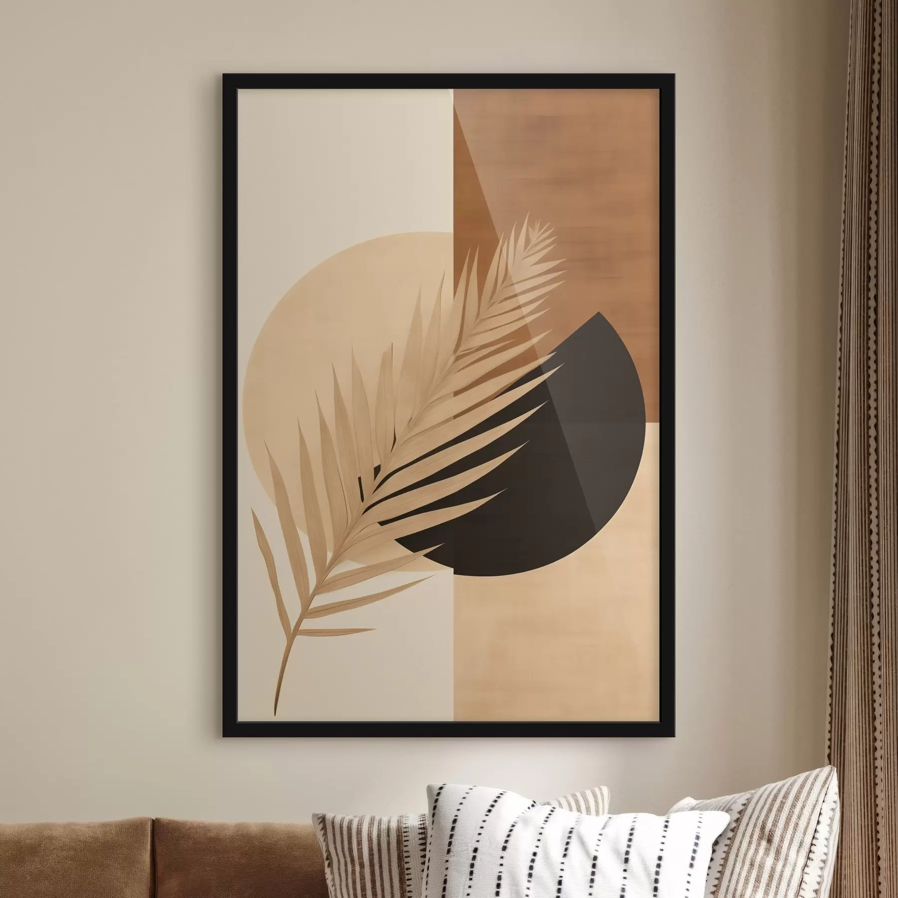 fototapet Frunză de palmier peste geometrie teracotă și crem f46490