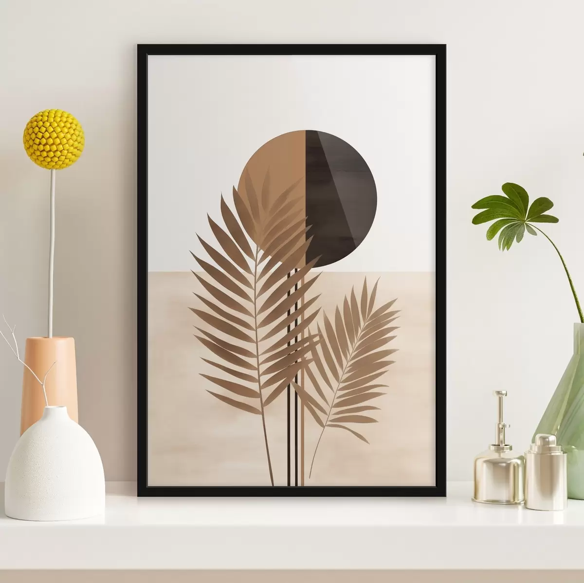 Poster Două frunze de palmier cu motivul soarelui în formă de cerc divizat f46491