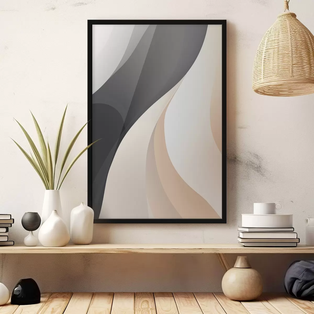 Poster Curbe elegante suprapuse în culori cărbune, fildeș și nisip f46493