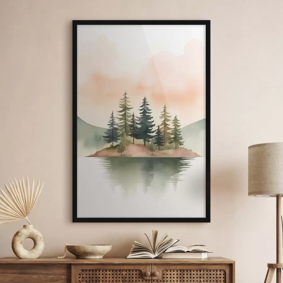 fototapet Pini acuarelați pe o insuliță încețoșată, cerul de culoarea piersicii f46505