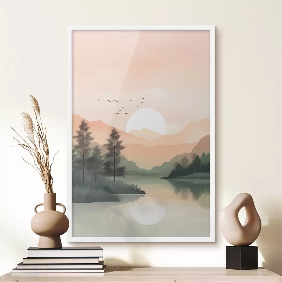 fototapet Apus de soare pastelat peste un lac liniștit, cu dealuri îndepărtate și păsări f46508