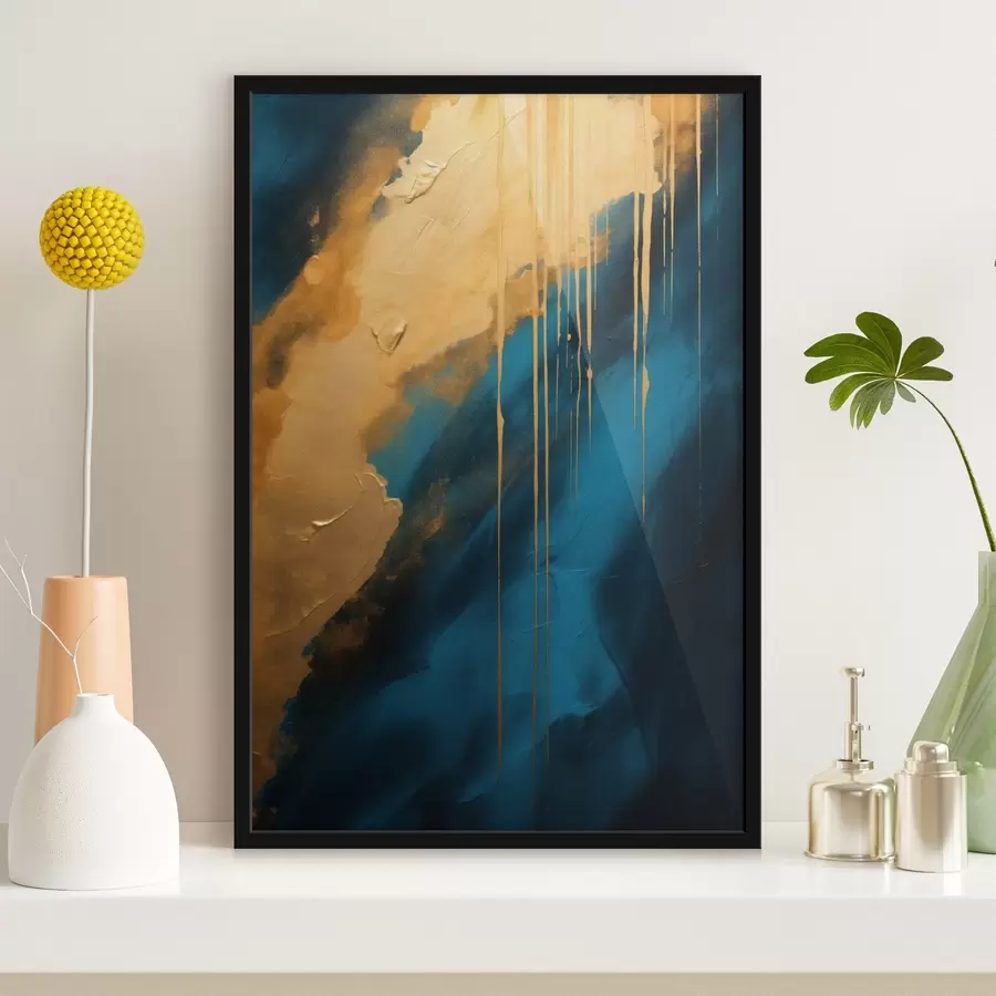 fototapet Teal și albastru intens abstract cu accente calde și fluide f46509