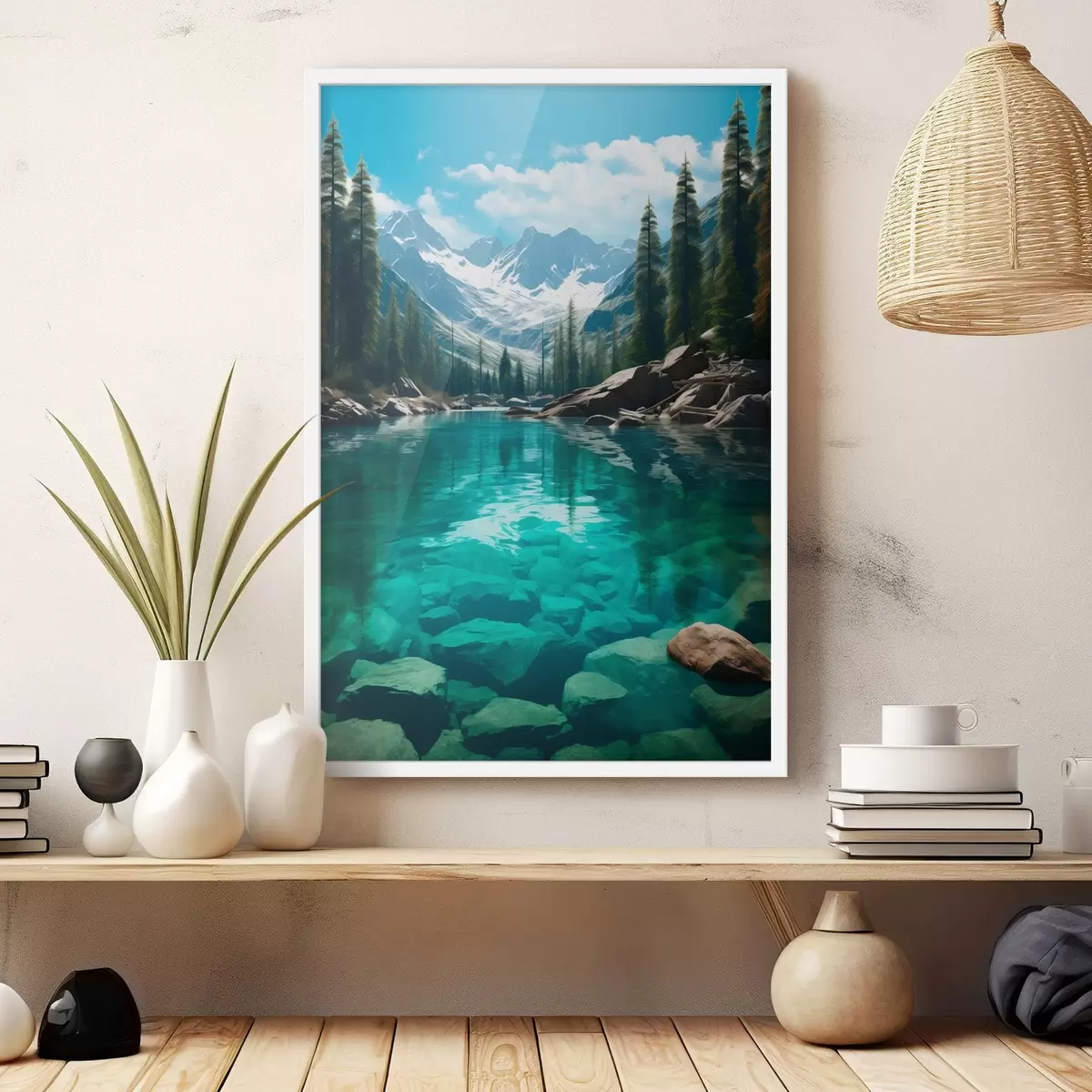 Poster Râu alpin limpede, cu albia stâncoasă și vârfuri înzăpezite f46514