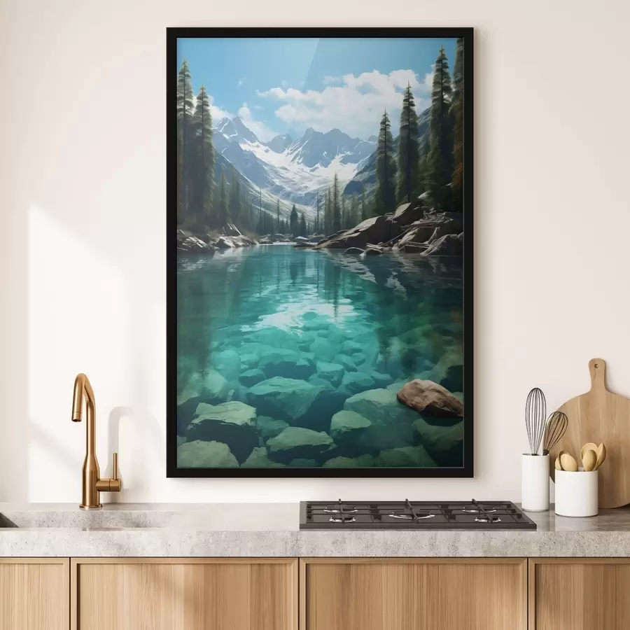 fototapet Râu alpin limpede, cu albia stâncoasă și vârfuri înzăpezite f46514