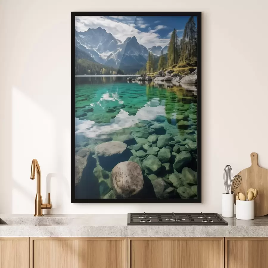 fototapet Lac alpin de smarald cu stânci sub el și vârfuri înalte f46515