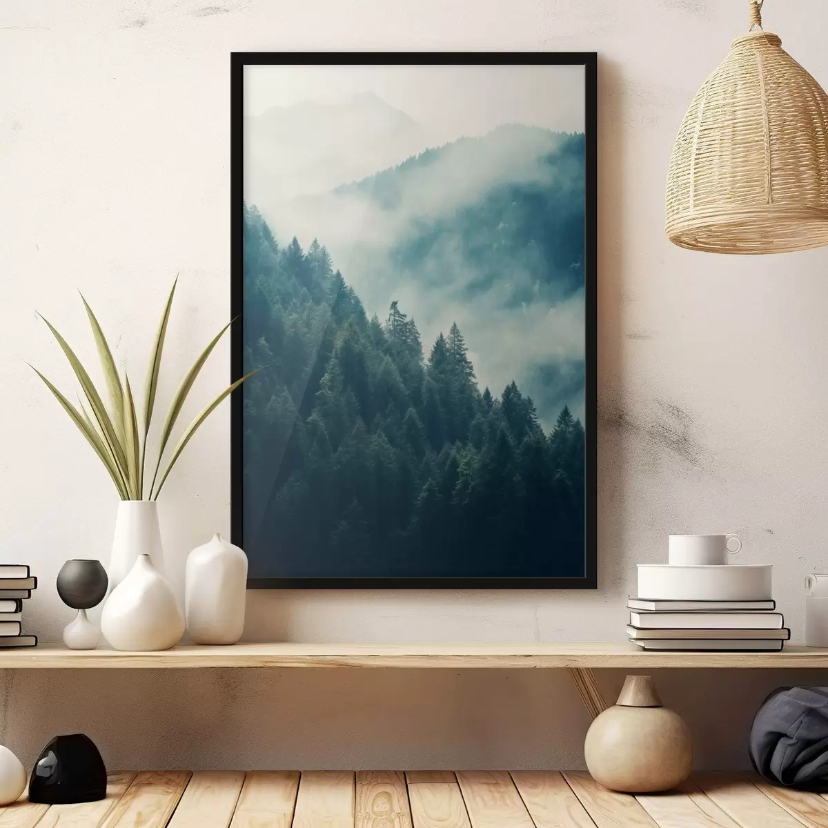 Poster Creaste de munte cețoase și pădure întunecată de conifere f46518