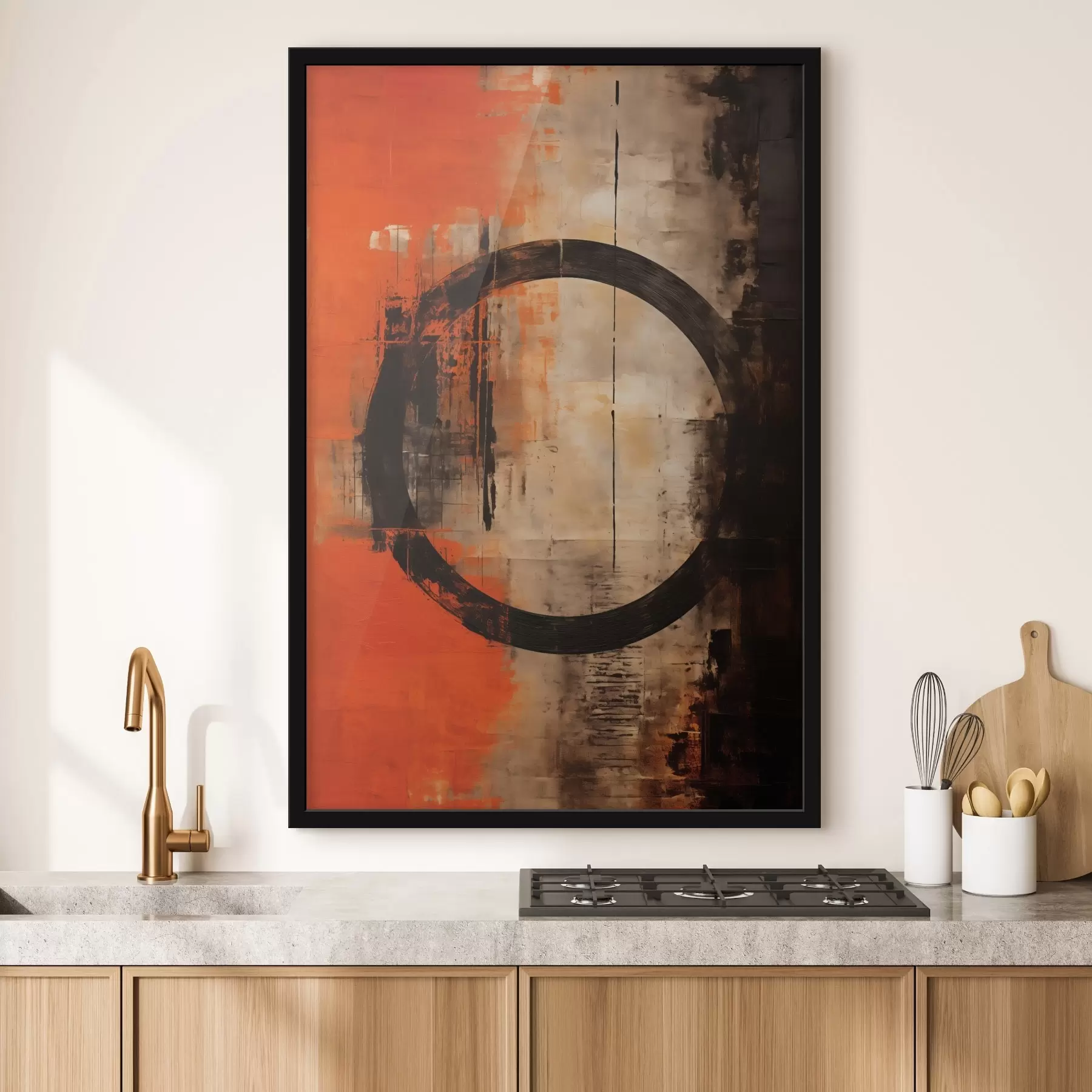 fototapet Rezumat cu un cerc negru mare și texturi calde f46528