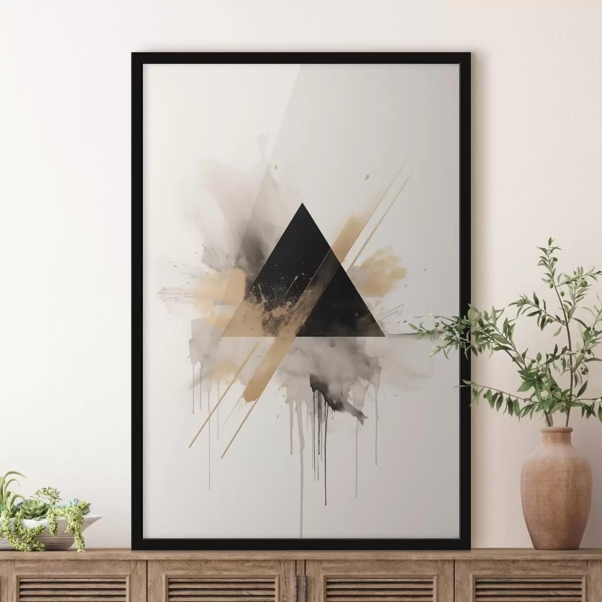 Poster Geometrie: triunghi negru cu pete și linii luminoase f46540