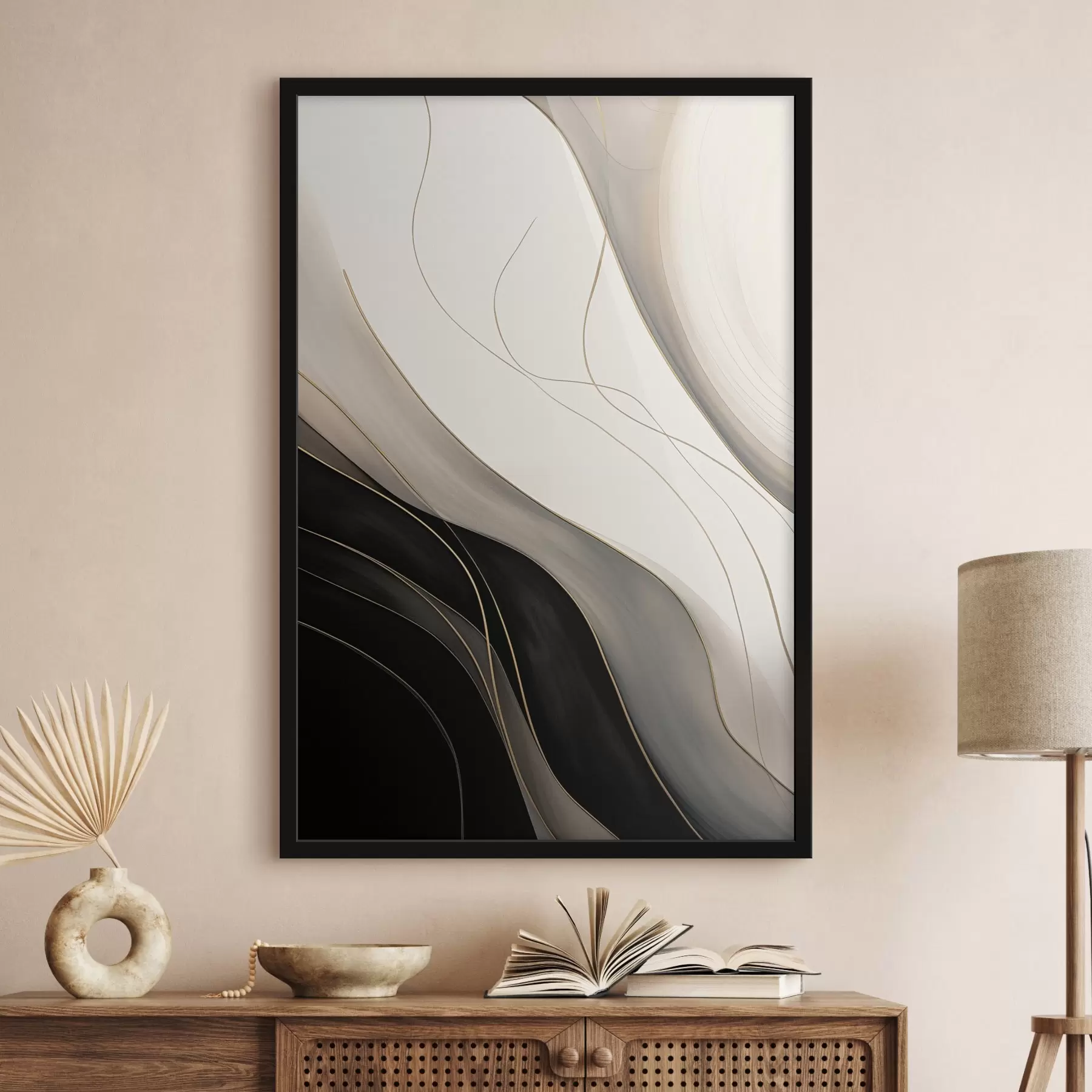 fototapet Valuri în negru și bej cu linii fine de ocru f46541