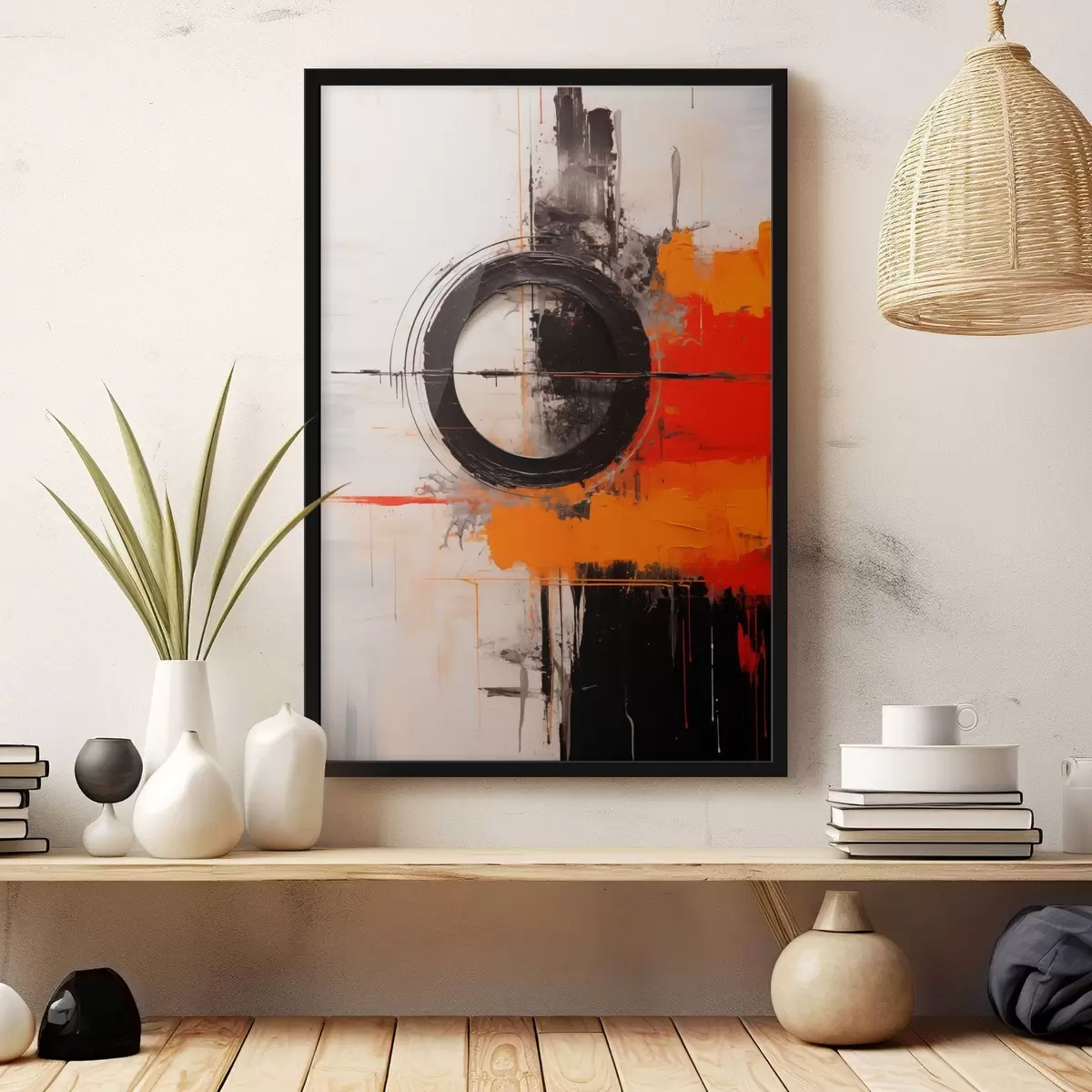 Poster Cerc negru pe fond alb, cu linii și pete portocalii f46549