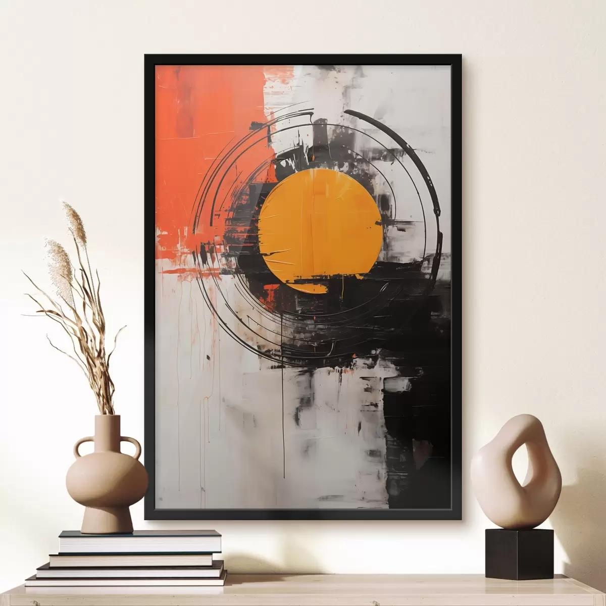 Poster Disc portocaliu în interiorul unui inel negru, linii și pete f46550