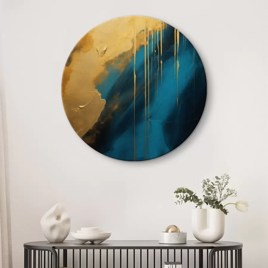 Tablouri Teal și albastru intens abstract cu accente calde și fluide r46509