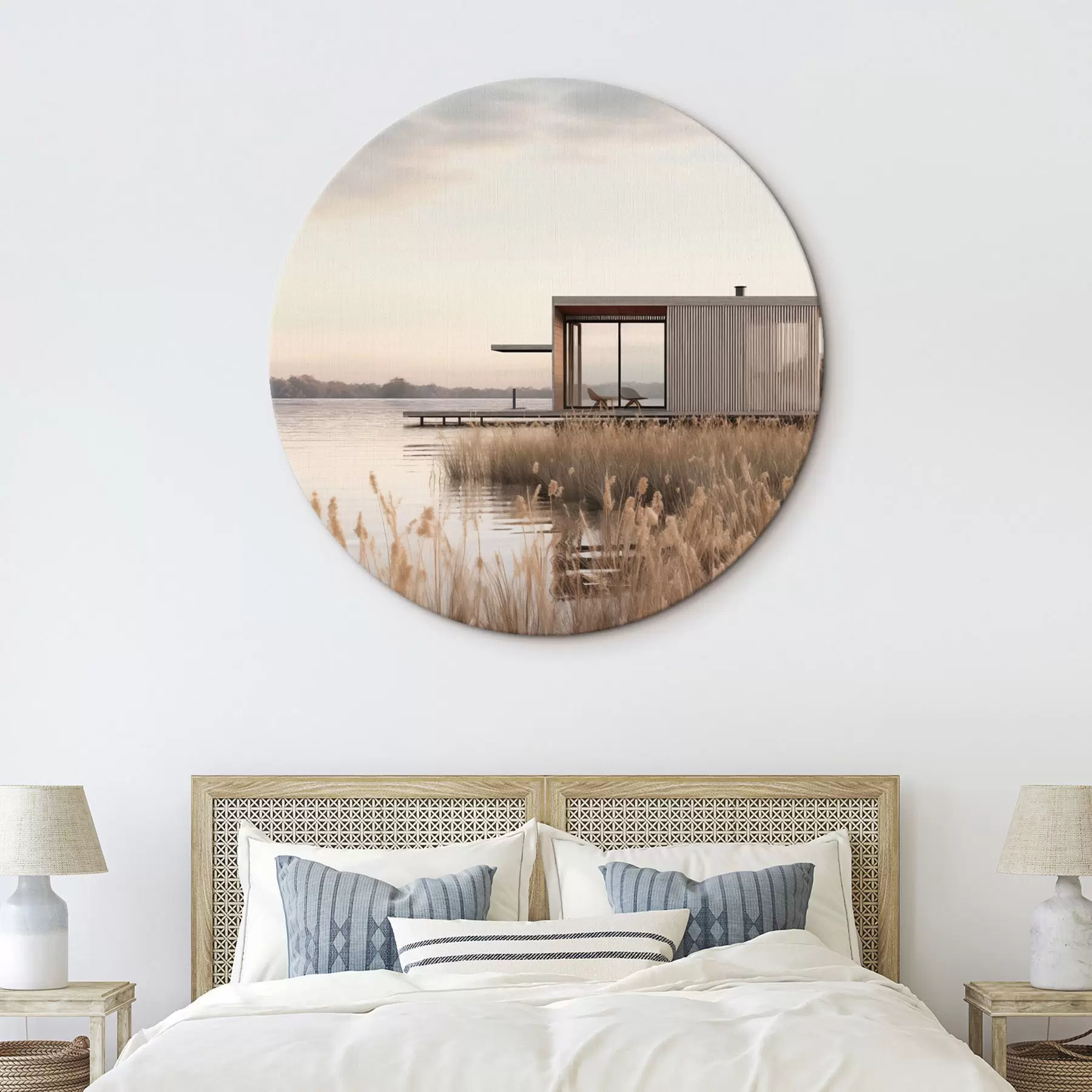 Tablouri Cabana modernă lângă lac, printre stufărișuri, în amurgul blând r46513