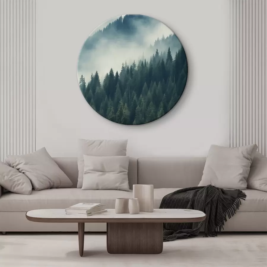 Tablouri Ceață peste versanții acoperiți de conifere, nuanțe de verde intens r46516