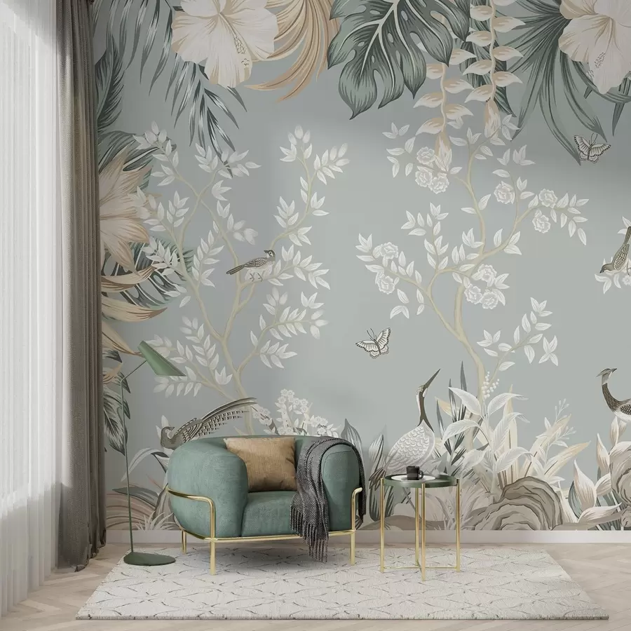 fototapet Artă tropicală în culori pastelate, cu textură, cu păsări, fluturi, flori de hibiscus, frunze de palmier și copaci pe un fundal albastru deschis. w09528