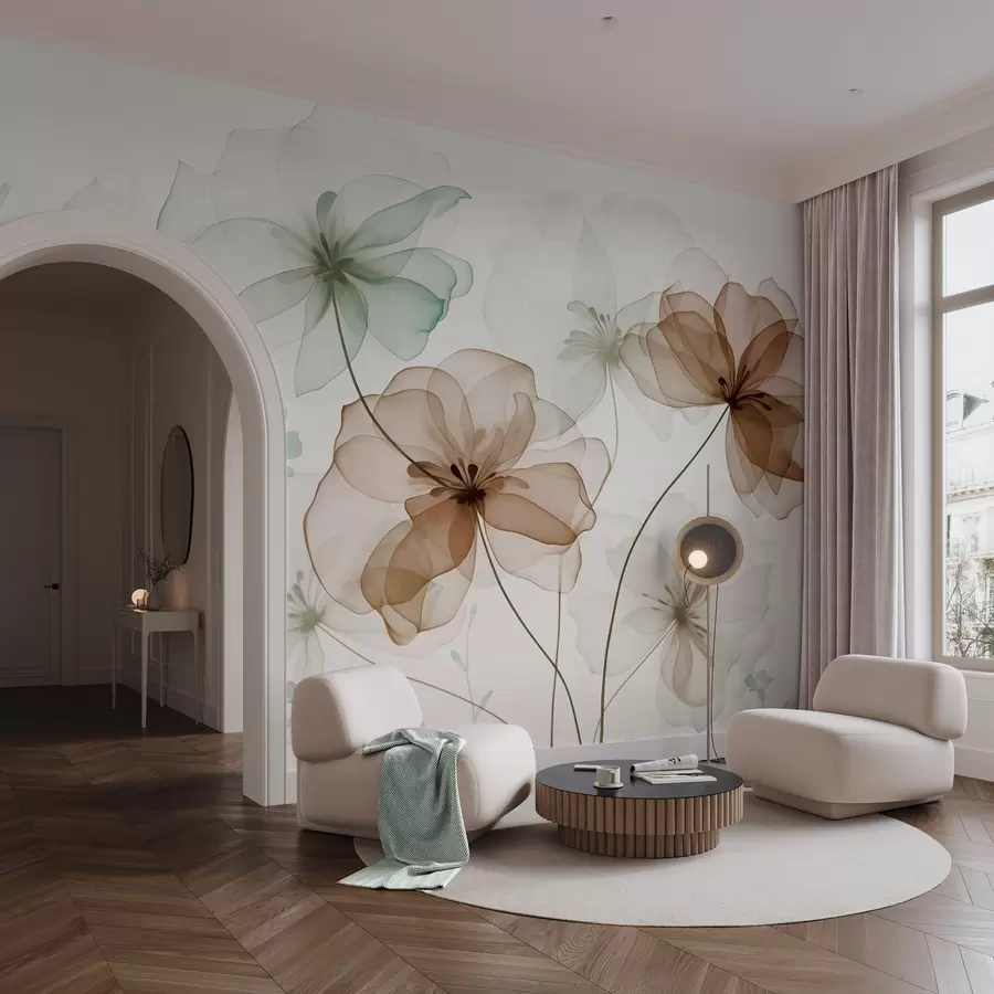 fototapet Flori translucide cu petale maro și verzi, tulpini lungi, fundal deschis, culori delicate, design floral texturat w09529