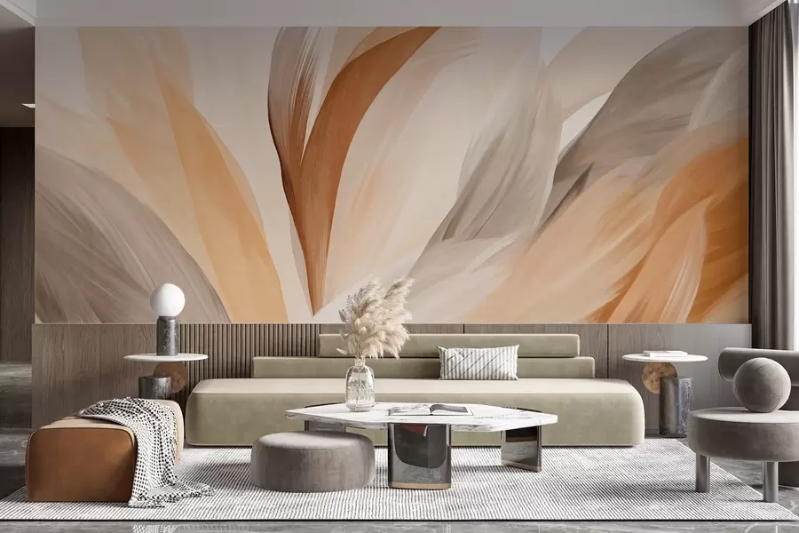 fototapet Pene abstracte texturate în maro, alb și gri și diverse nuanțe, suprapuse pe un fundal alb w09531