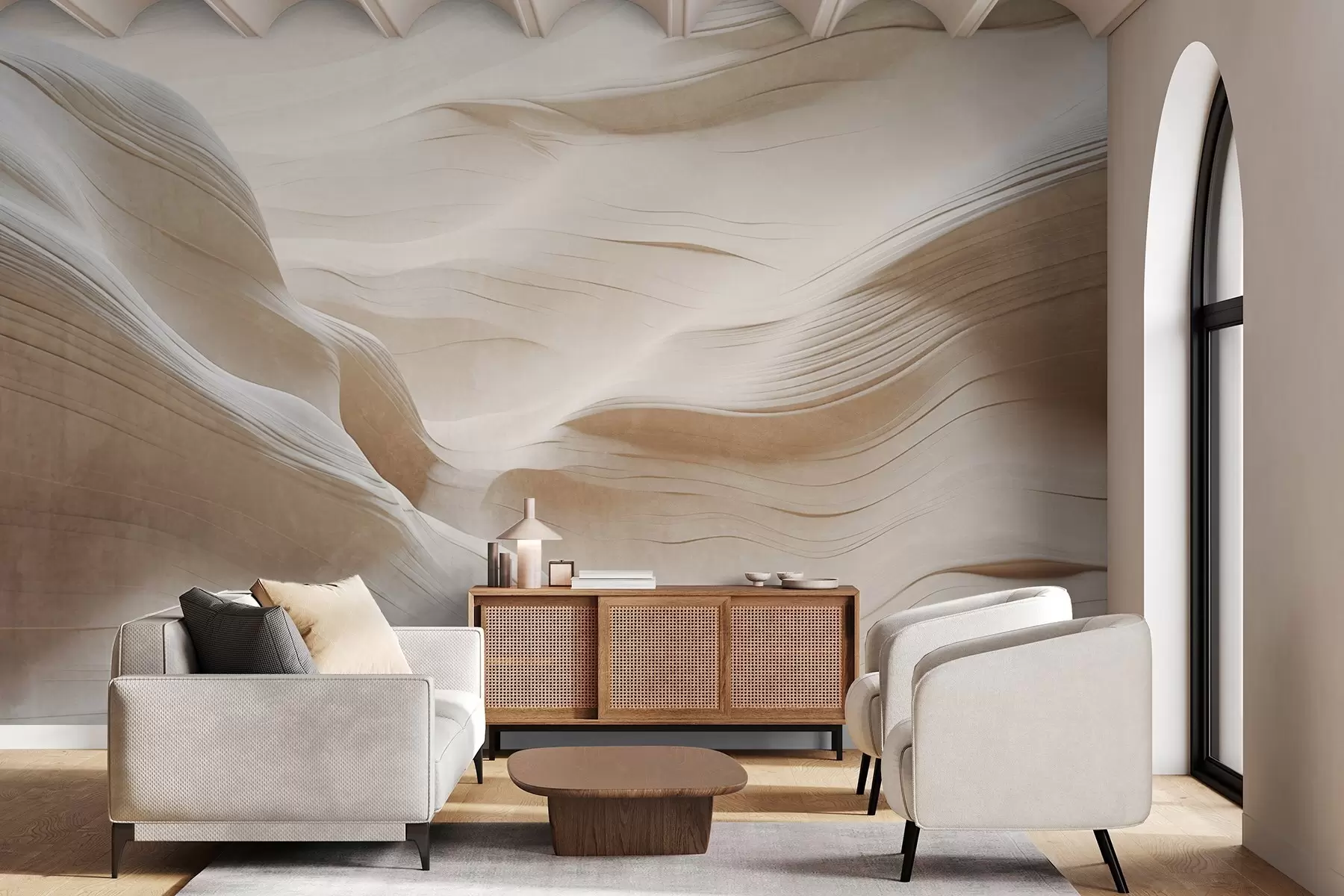 fototapet Pereți cu textură de canion din gresie, cu curbe și texturi netede, fluide, frumusețe naturală, minimalism w09533