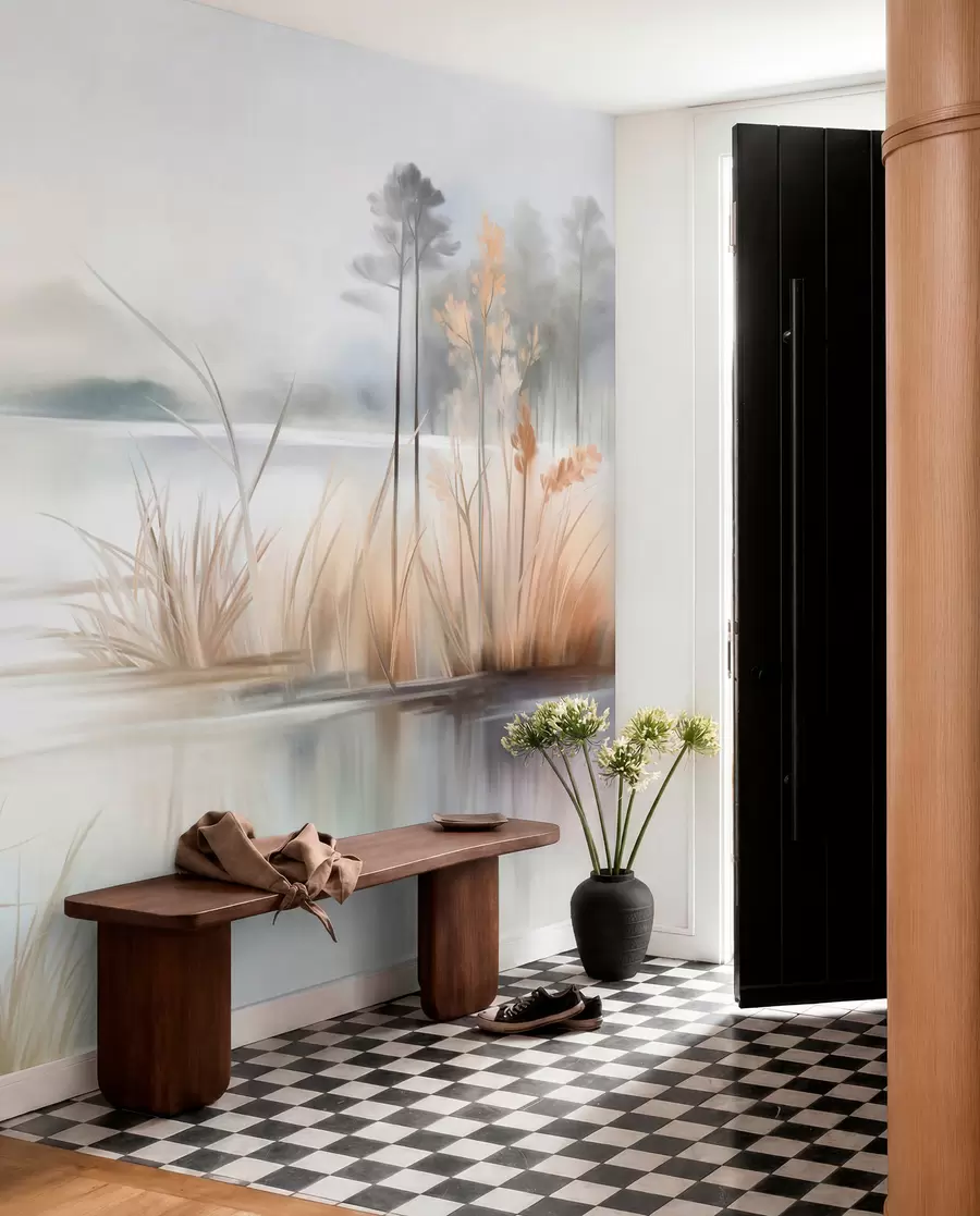 fototapet Peisaj cu un lac și iarbă înaltă în prim-plan, munți în fundal, culori delicate, texturat w09534