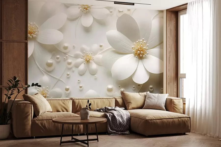 fototapet Flori albe cu perle împrăștiate pe un fundal alb, design elegant și minimalist, texturat w09535