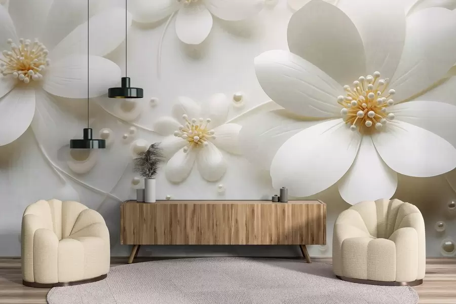 fototapet Flori albe cu perle împrăștiate pe un fundal alb, design elegant și minimalist, texturat w09535