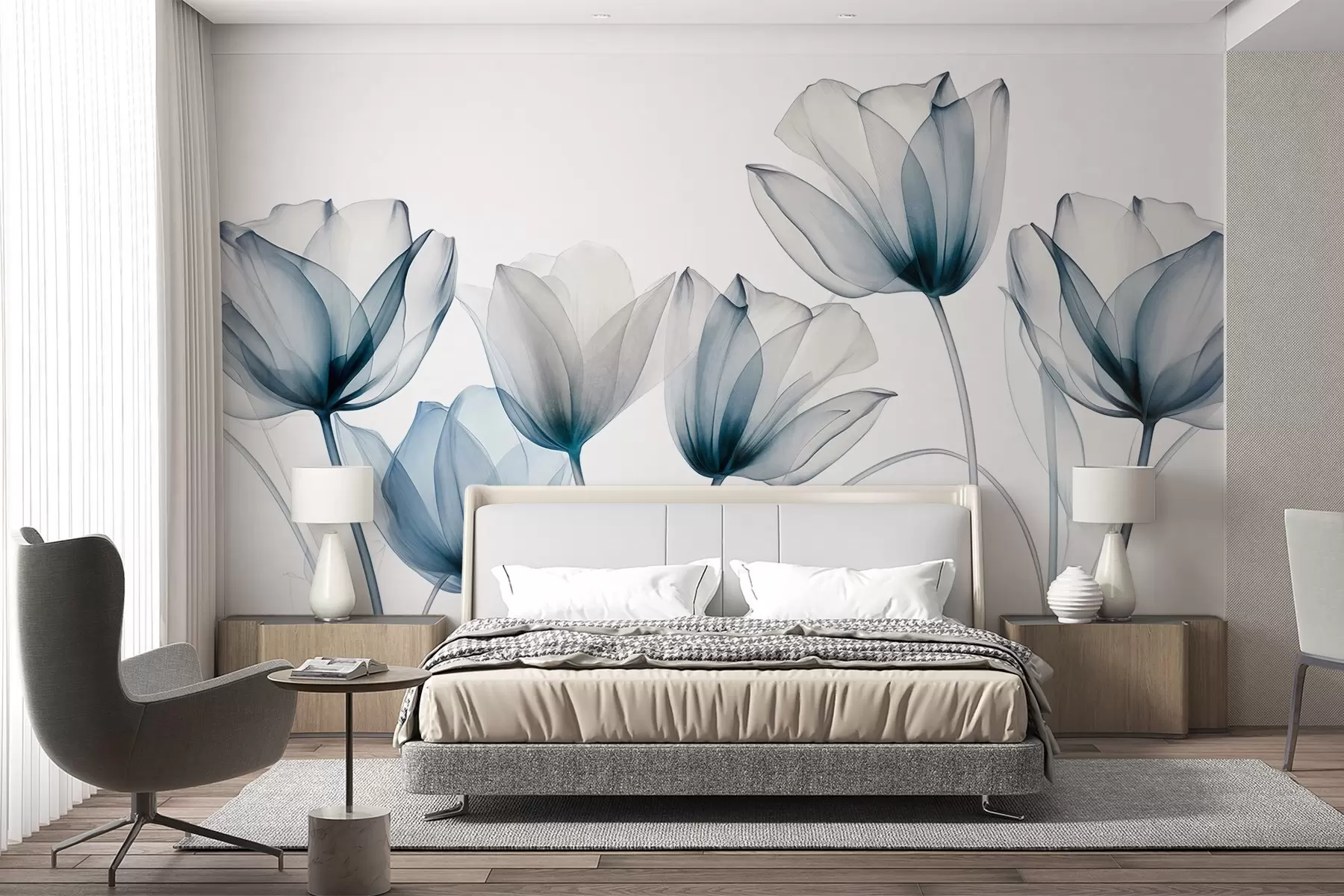 fototapet Flori de lalea albastre și albe translucide, cu tulpini lungi, pe fundal deschis, artă florală delicată și texturată w09538