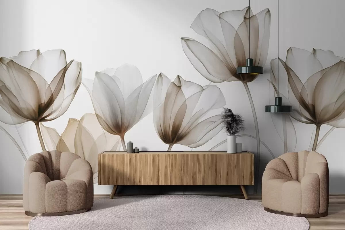 fototapet Flori de lalea translucide, maro și albe, cu tulpini lungi, pe fundal deschis, artă florală delicată și texturată w09538v1