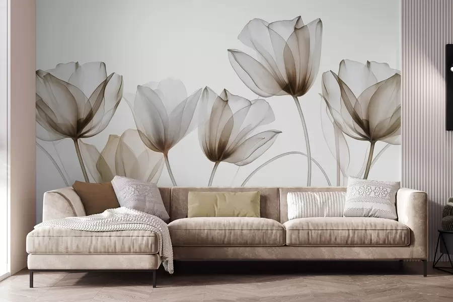fototapet Flori de lalea translucide, maro și albe, cu tulpini lungi, pe fundal deschis, artă florală delicată și texturată w09538v1