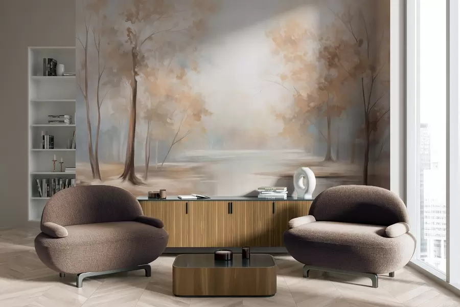 fototapet Peisaj texturat de toamnă cu copaci și un râu, culori delicate, atmosferă luminoasă și aerisită, scenă pașnică și liniștită w09541