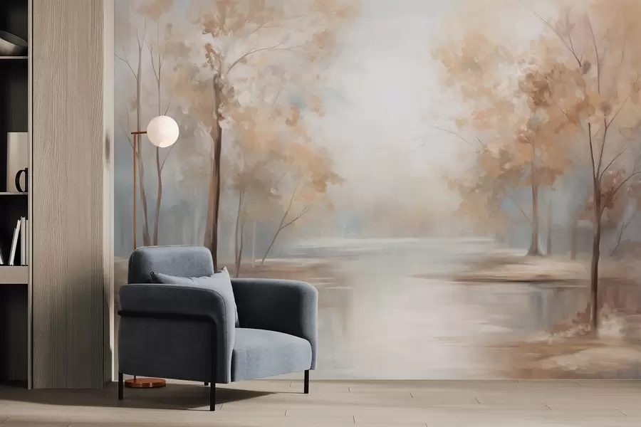 fototapet Peisaj texturat de toamnă cu copaci și un râu, culori delicate, atmosferă luminoasă și aerisită, scenă pașnică și liniștită w09541