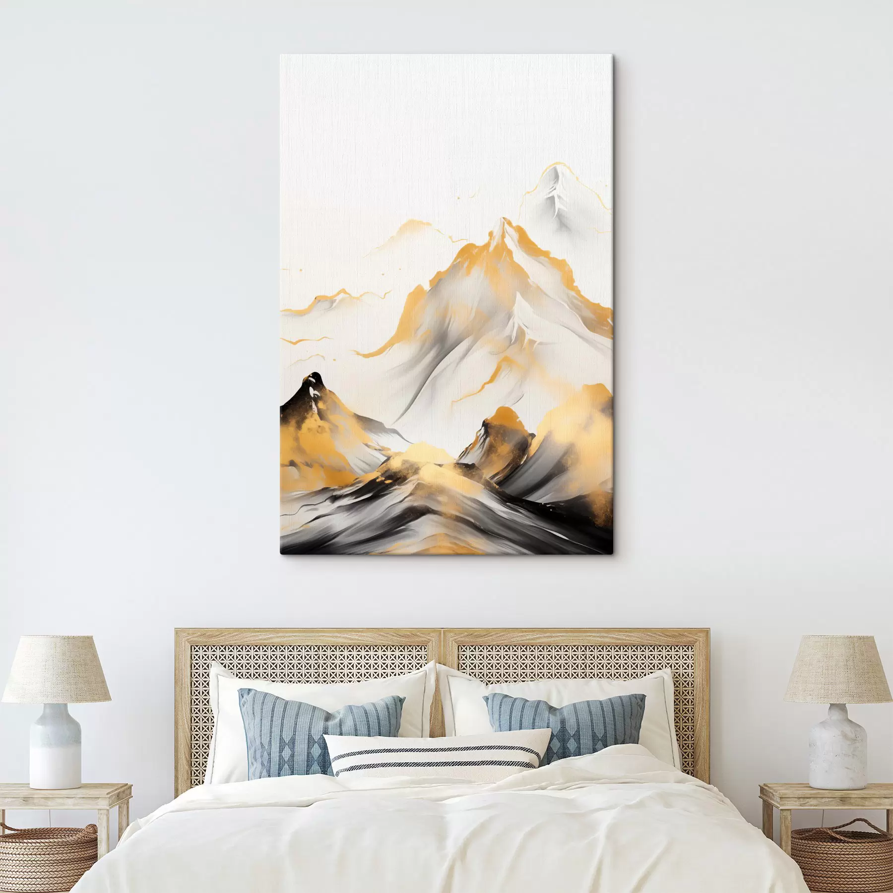 Tablouri Munți texturați galbeni și negri cu vârfuri înzăpezite, stil de pictură cu tuș, lanț muntos minimalist s46683