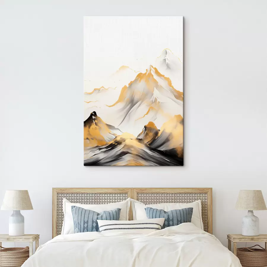 Tablouri Munți texturați galbeni și negri cu vârfuri înzăpezite, stil de pictură cu tuș, lanț muntos minimalist s46683