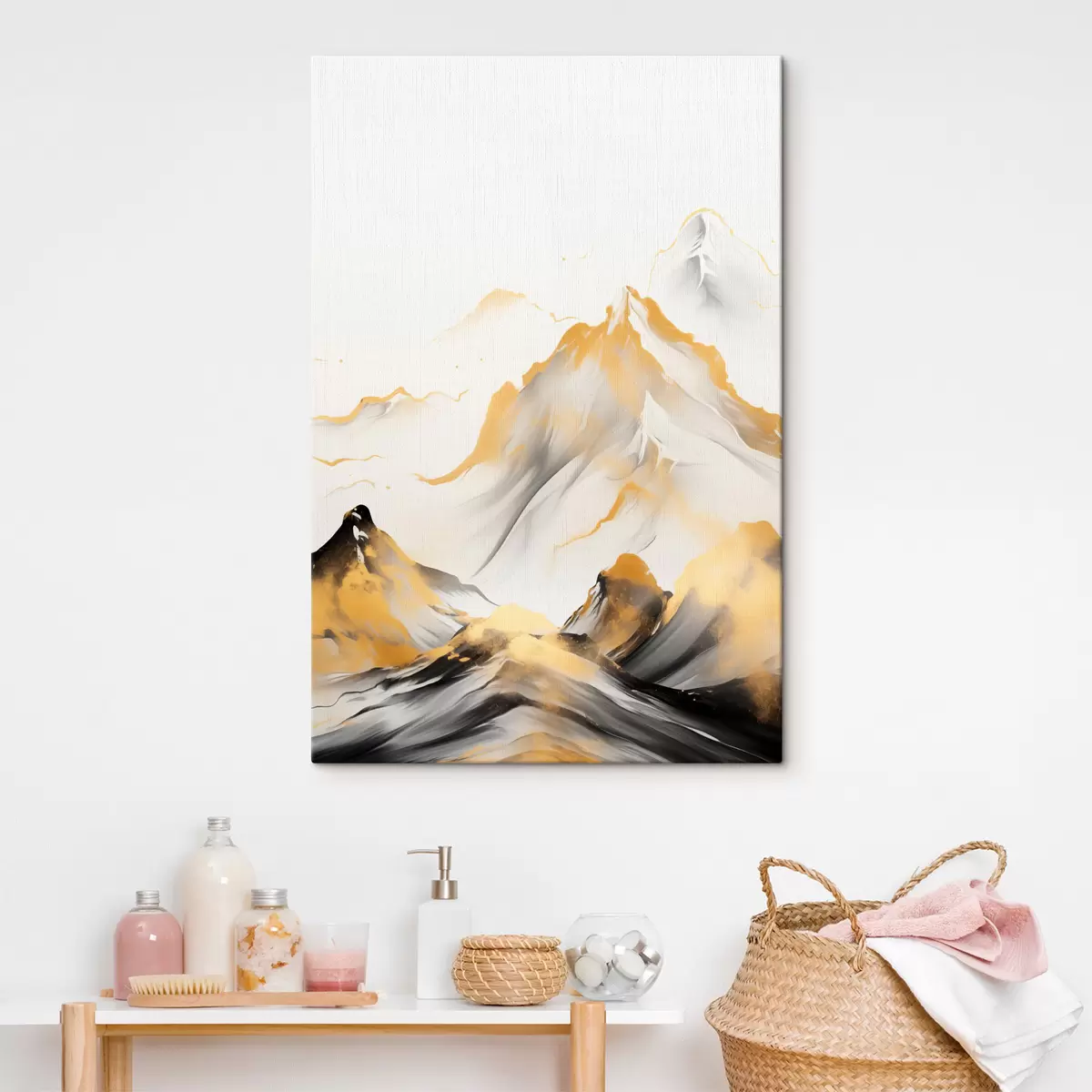 Tablouri Munți texturați galbeni și negri cu vârfuri înzăpezite, stil de pictură cu tuș, lanț muntos minimalist s46683