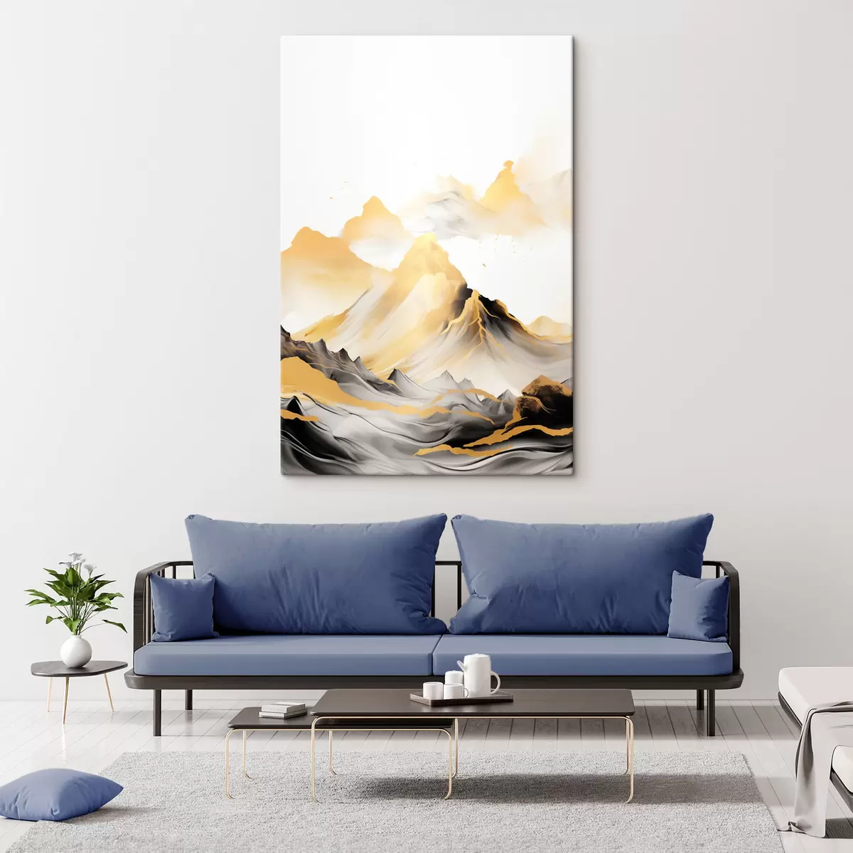 Tablouri Munți texturați galbeni și negri cu vârfuri înzăpezite, stil de pictură cu tuș, lanț muntos minimalist s46684