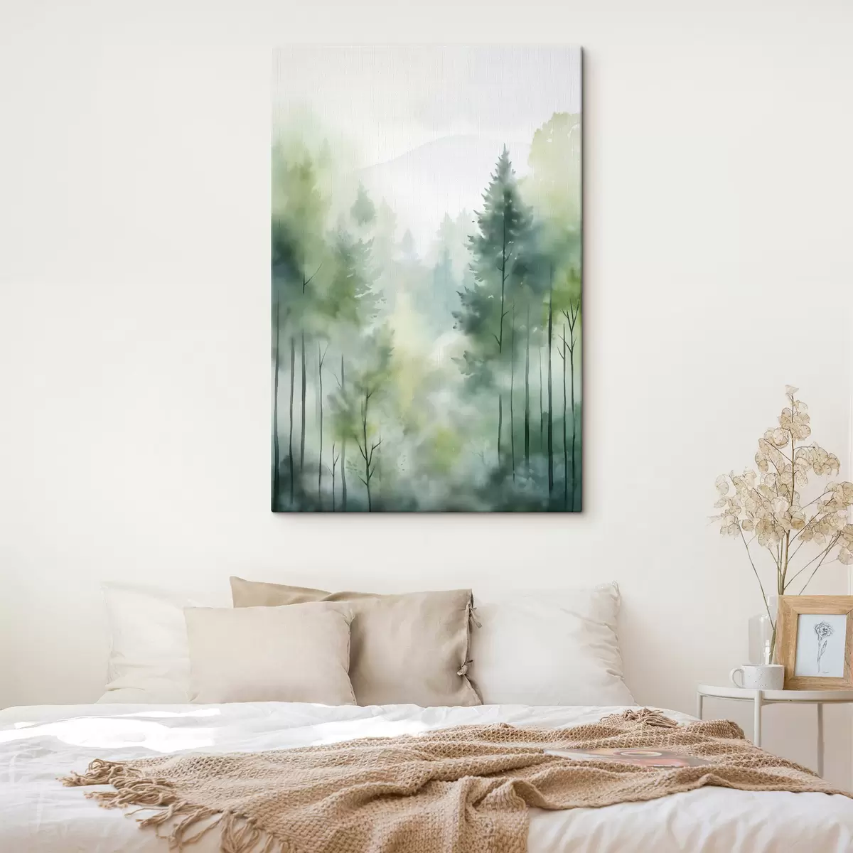 Tablouri Imitatie de pictura in acuarela a unei pustiuri cețoase, cu pini înalți și munți în fundal s46690