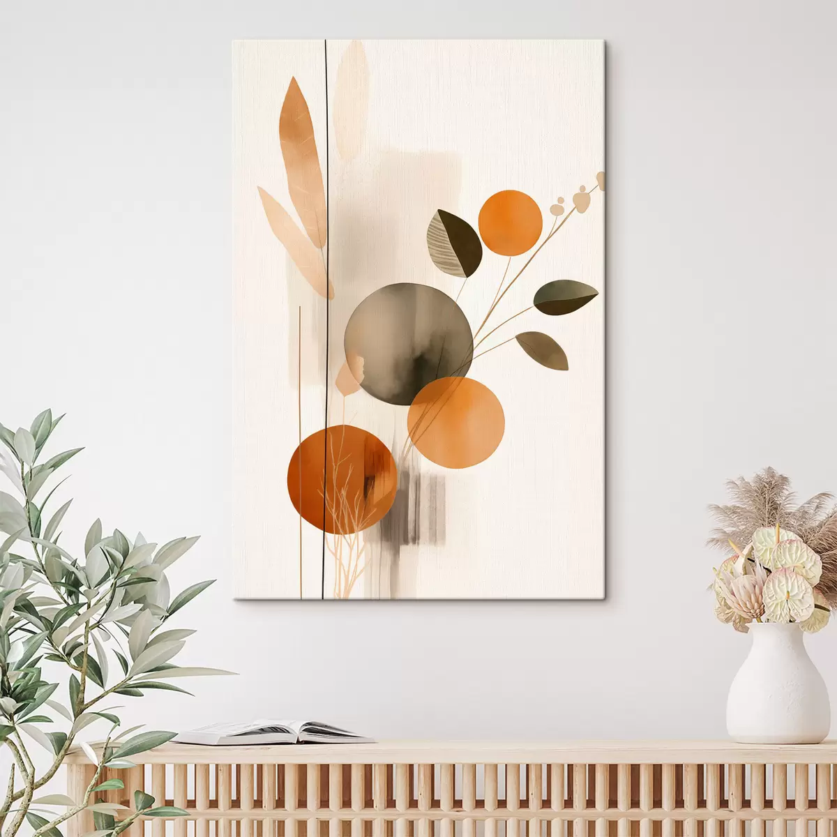 Tablouri Imitare de pictură abstractă cu cercuri portocalii și gri, frunze și ramuri, stil modern, efect de acuarelă s46697