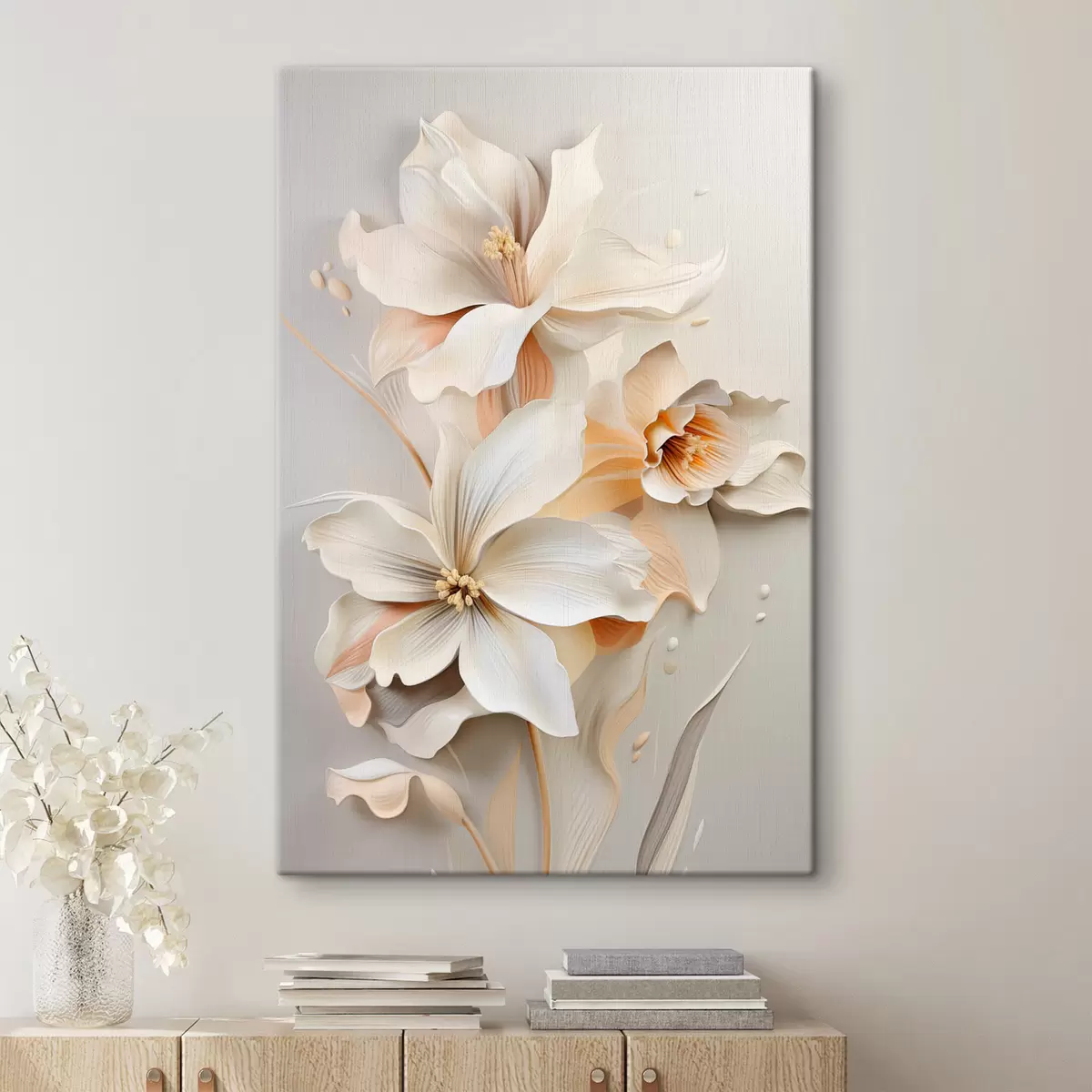 Tablouri Flori albe, petale cu umbre delicate, fundal bej deschis, compoziție elegantă, stil minimalist s46699