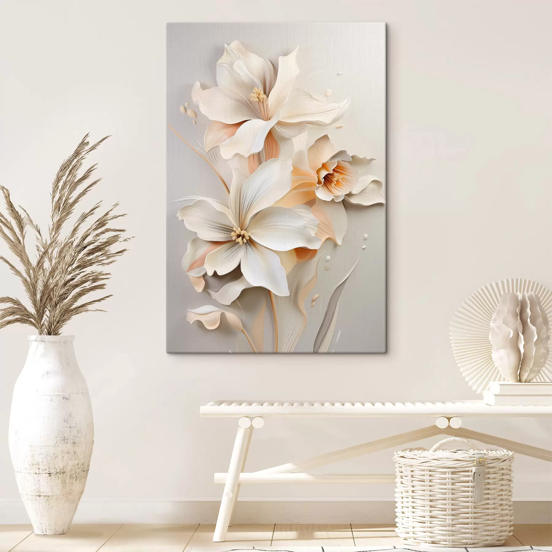 Tablouri Flori albe, petale cu umbre delicate, fundal bej deschis, compoziție elegantă, stil minimalist s46699