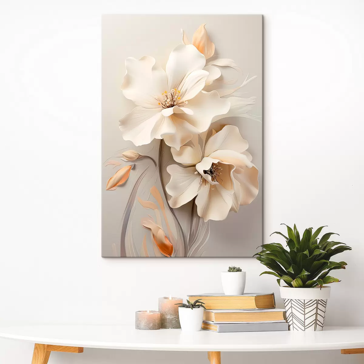 Tablouri Flori albe, petale cu umbre delicate, fundal bej deschis, compoziție elegantă, stil minimalist s46700