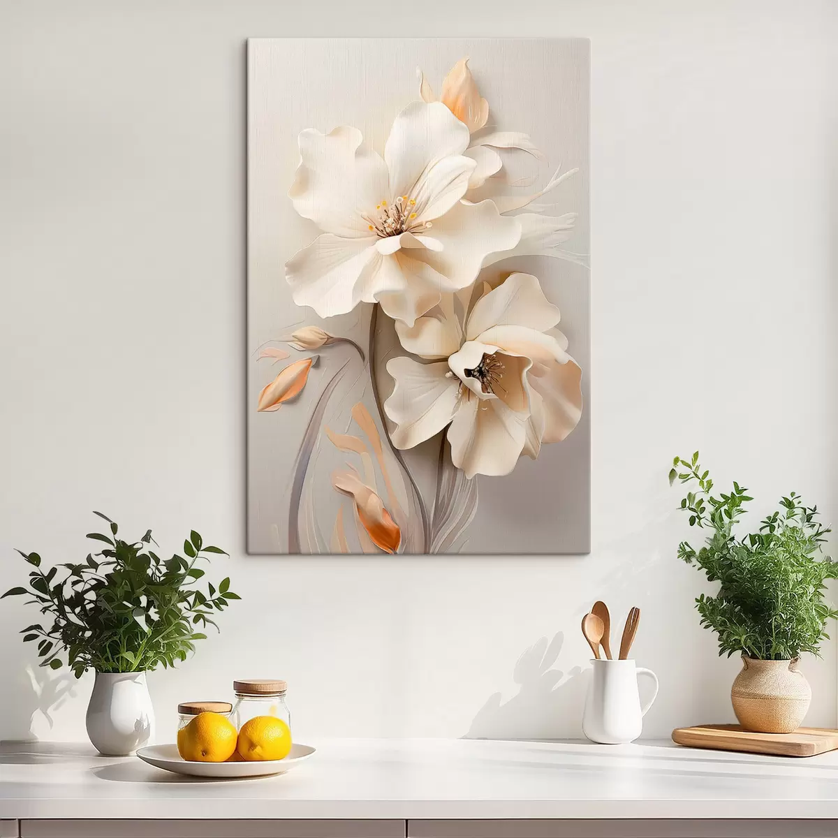 Tablouri Flori albe, petale cu umbre delicate, fundal bej deschis, compoziție elegantă, stil minimalist s46700