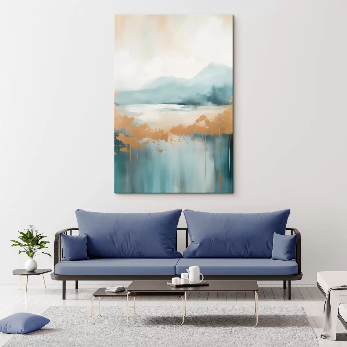 Tablouri Peisaj abstract cu munți și lac în nuanțe de verde-albastru și galben texturat, pensule moi, operă de artă minimalistă s46703