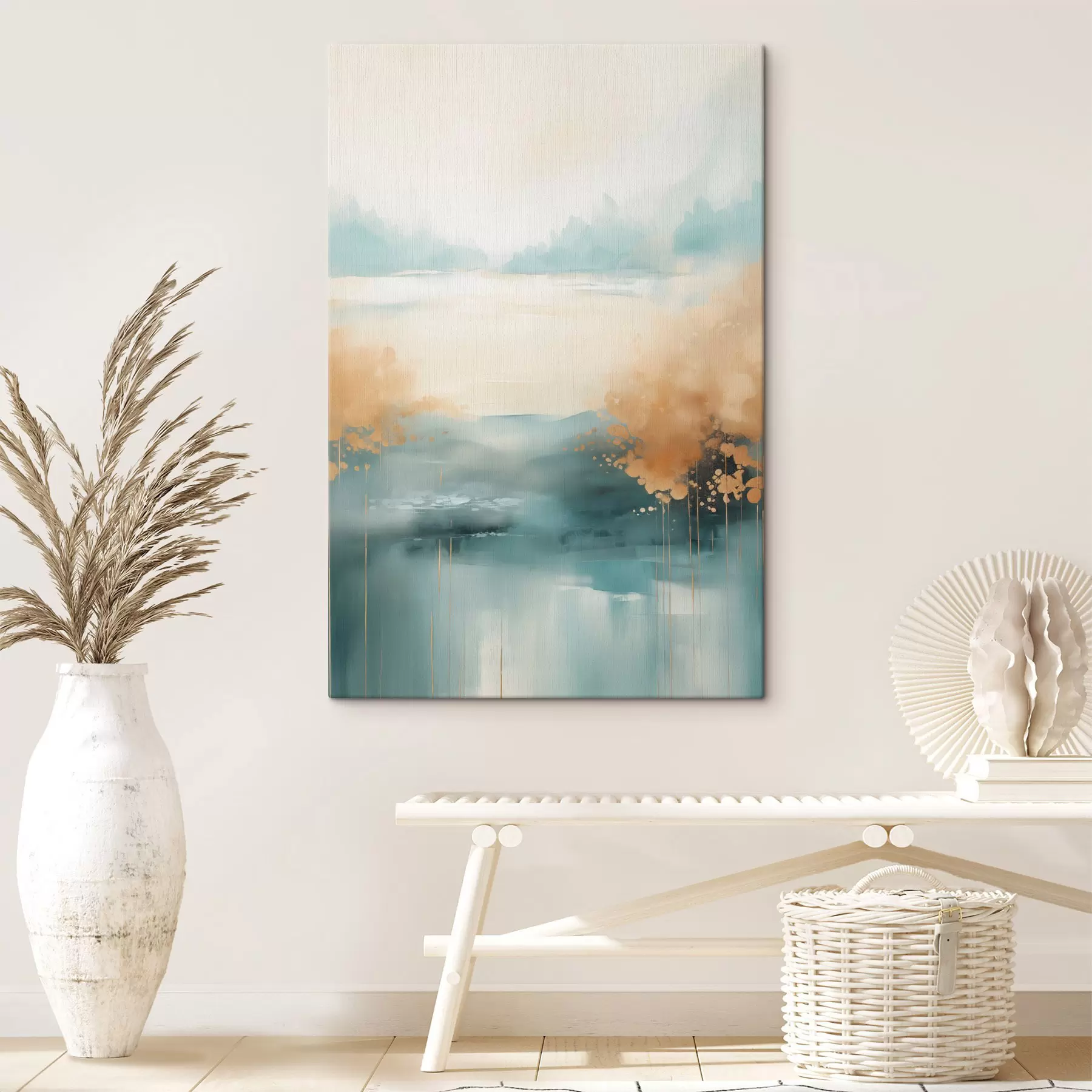 Tablouri Peisaj abstract cu munți și lac în nuanțe de verde-albastru și galben texturat, pensule moi, operă de artă minimalistă s46704
