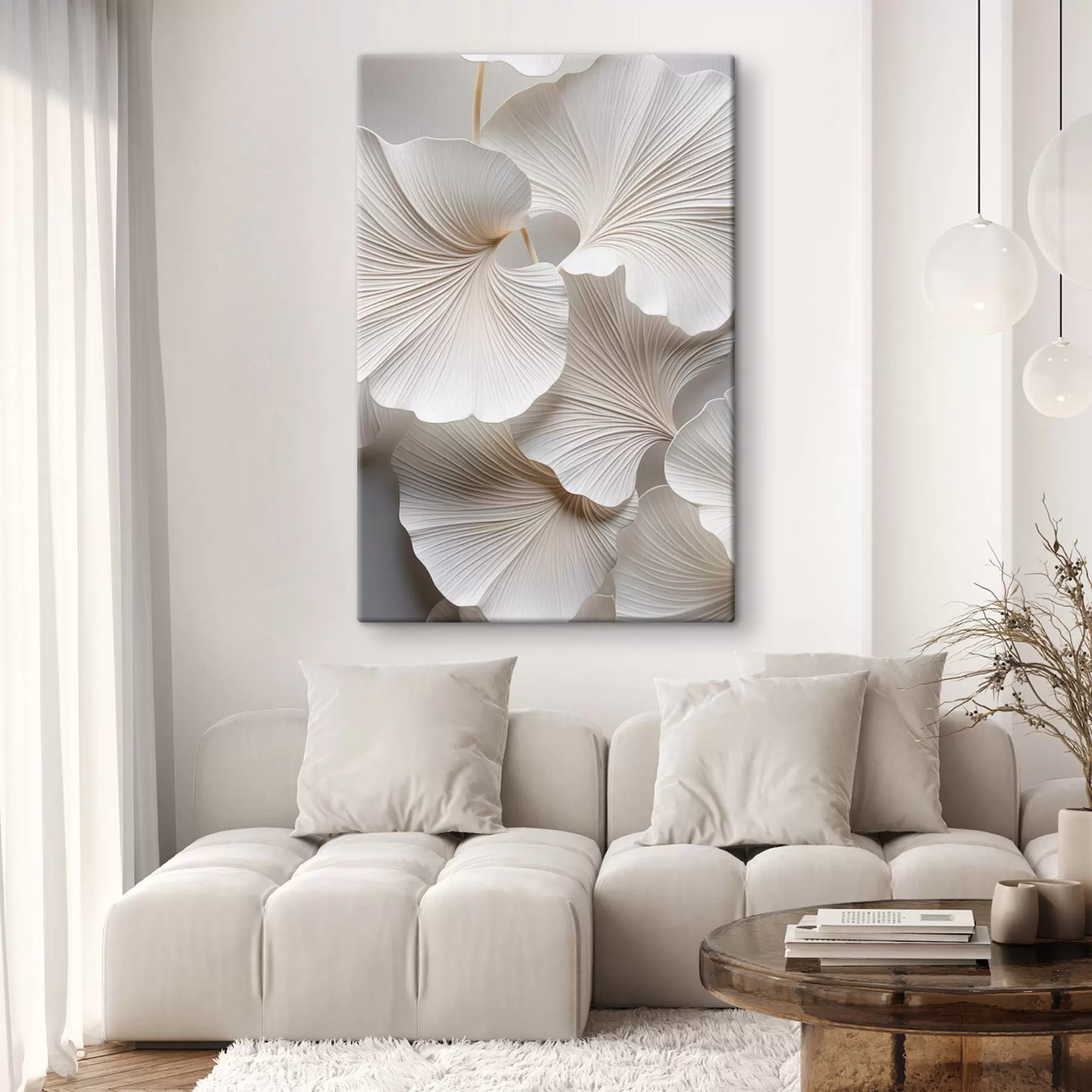 Tablouri Frunze albe de ginkgo biloba cu nervuri detaliate, iluminare difuză, textură elegantă și design minimalist s46705