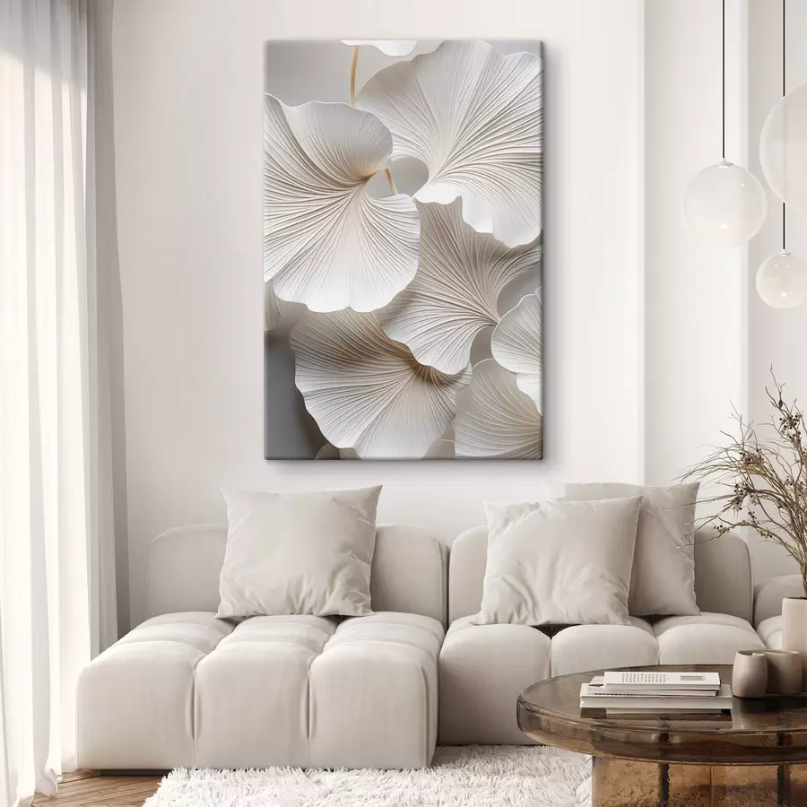 Tablouri Frunze albe de ginkgo biloba cu nervuri detaliate, iluminare difuză, textură elegantă și design minimalist s46705