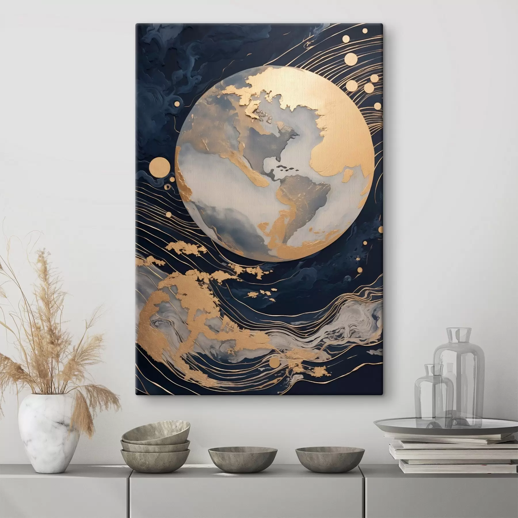 Tablouri Planetă decorativă texturată cu linii galbene pe fundal, puncte galbene pe fundal, fundal întunecat s46708