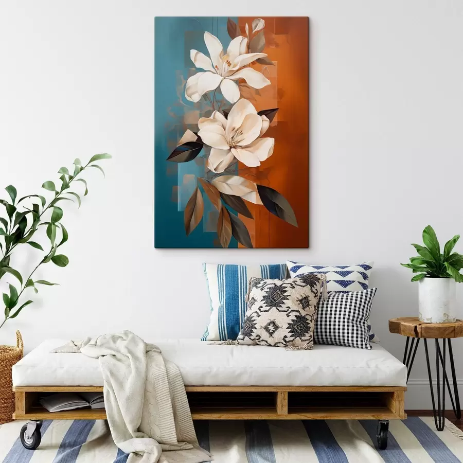 Tablouri Flori și frunze albe abstracte pe un fundal maro și albastru cu forme abstracte, într-un stil minimalist s46710