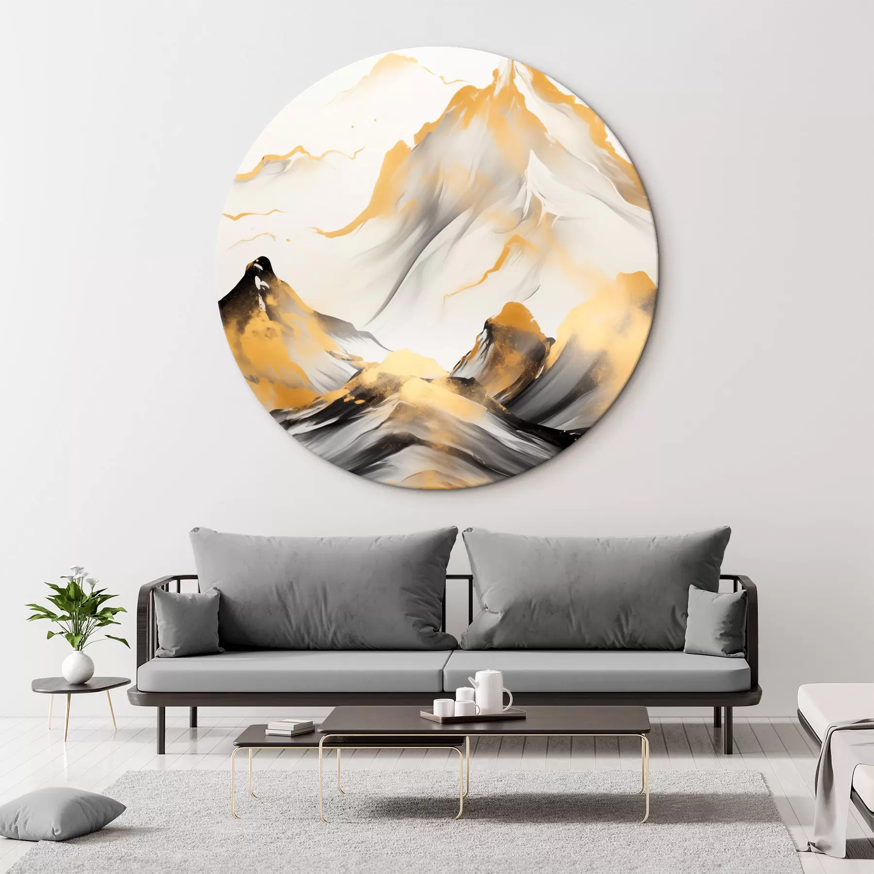 Tablouri Munți texturați galbeni și negri cu vârfuri înzăpezite, stil de pictură cu tuș, lanț muntos minimalist r46683