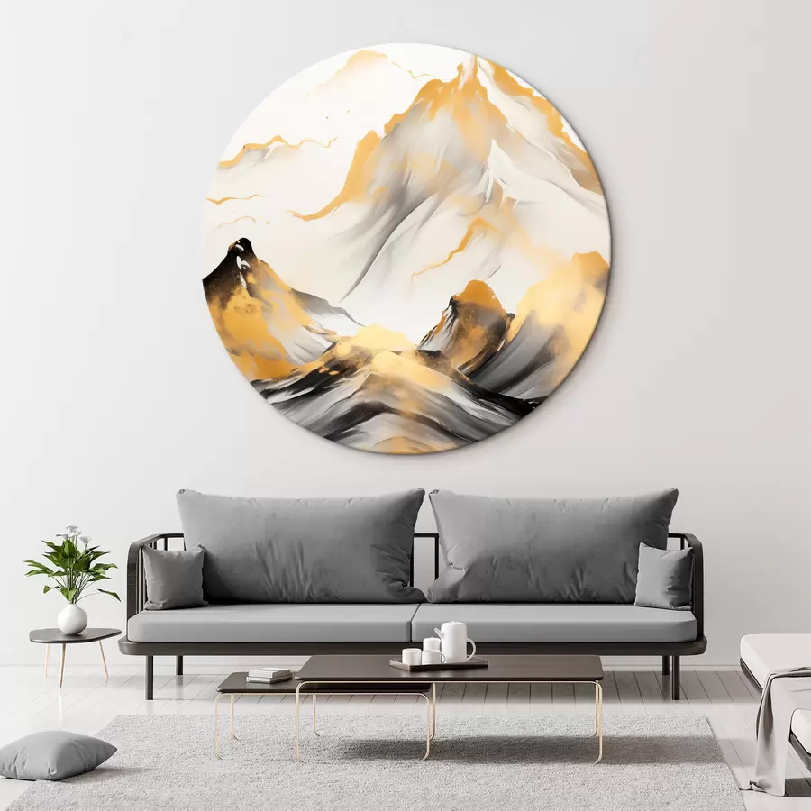 Tablouri Munți texturați galbeni și negri cu vârfuri înzăpezite, stil de pictură cu tuș, lanț muntos minimalist r46683