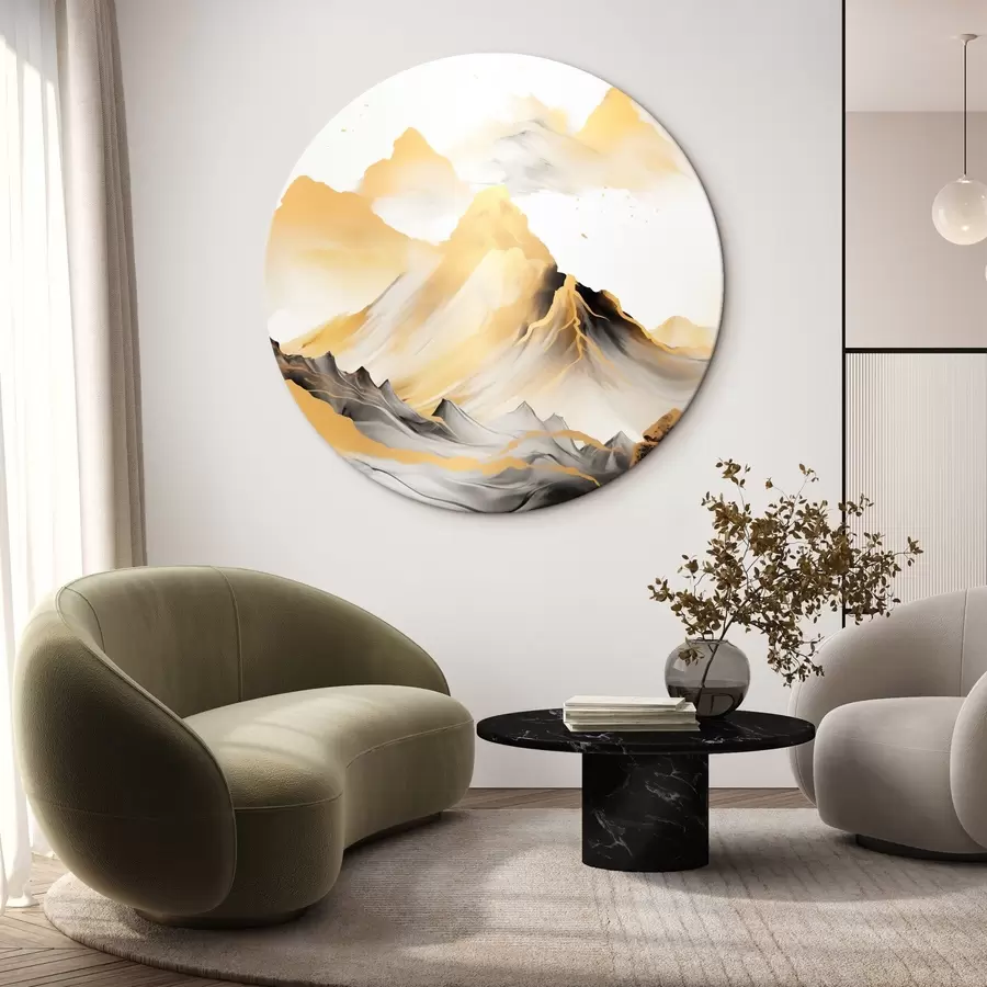 Tablouri Munți texturați galbeni și negri cu vârfuri înzăpezite, stil de pictură cu tuș, lanț muntos minimalist r46684